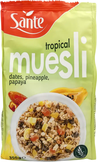 Мюслі цілозернові Sante Muesli, 350 г, зі шматочками тропічних фруктів, мюслі з горіхами, кранчі