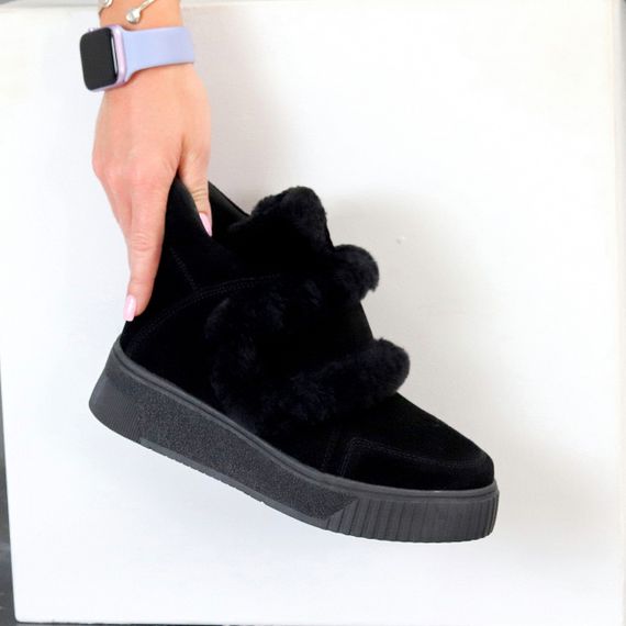 Молодежные спортивные зимние черные ботинки натуральная замша с опушкой | Зображення 2