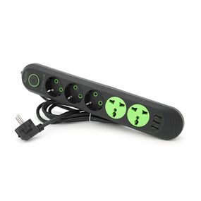 Сетевой фильтр F02U, 3 розетки EU + 2 розетки Universal + 3 USB, 1.5 м, сечение 3х0, 75мм, 2500W, Black, Bag