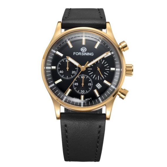 Чоловічий годинник Forsining 8311 Black-Gold з хронографом та шкіряним ремінцем