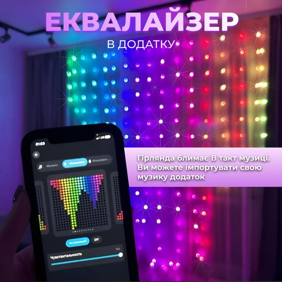 Розумна гірлянда Smart штора 400 LED 3*3 м з керуванням зі смартфона, мультиколор | Зображення 1