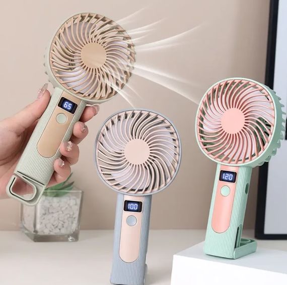 Портативный ручной вентилятор Handheld Fan FY083 пластиковый с подставкой и крючком LED дисплей 120 скоростей 1 Вт Голубой | Зображення 5