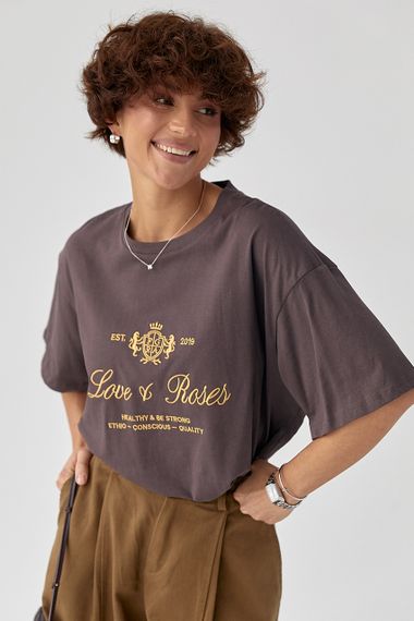 Футболка вільного фасону з вишитими написами - коричневий цвет, ONE SIZE (є розміри) | Зображення 4