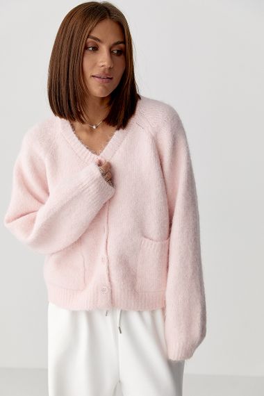 Теплий в'язаний кардиган із кишенями - пудра цвет, ONE SIZE (є розміри) | Зображення 1