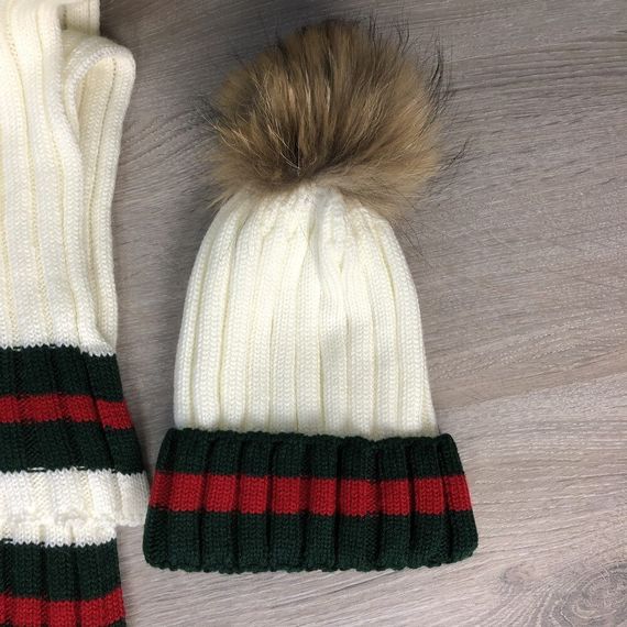 Зимний комплект Gucci Winter Hat Knitted Pompon and Scarf Web Milky | Зображення 1