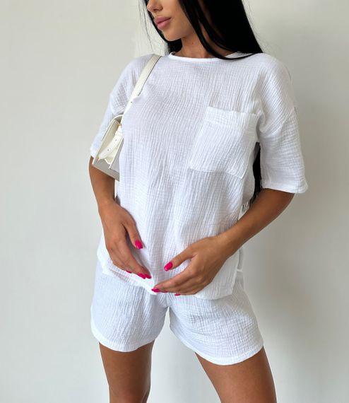 Женский легкий летний костюм шорты и футболка из муслина NA2007 цвет белый, размер 46/48