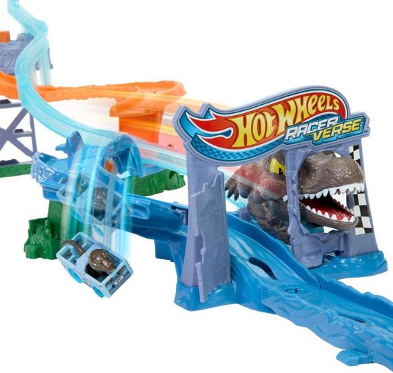 Трек Столкновение и Всплеск с Велоцираптором и Спинозавром Hot Wheels RacerVerse Jurassic World Crash & Splash | Зображення 3