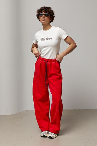 Однотонні спортивні штани із затяжками - червоний цвет, ONE SIZE (є розміри) | Зображення 2