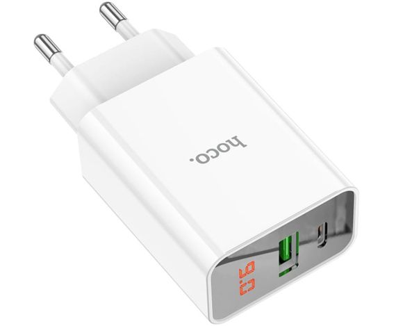 Зарядное устройство Hoco C100A USB QC3.0 / Type-C (PD) 20W быстрая зарядка с дисплеем - White | Зображення 2