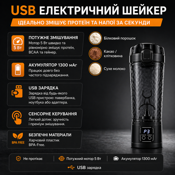 Электрический шейкер для протеина 700 мл с USB зарядкой и LED-дисплеем — Автоматический миксер для спортивного питания, Черный | Зображення 8