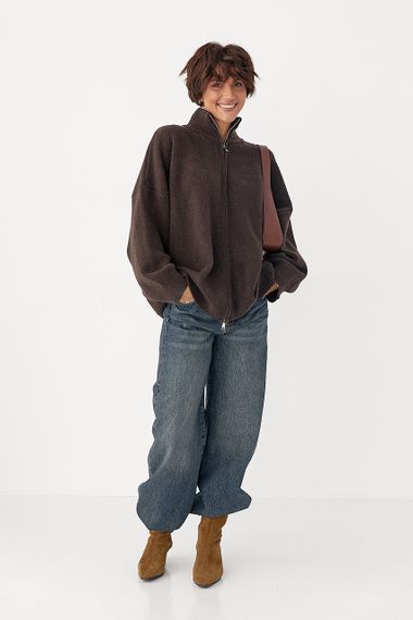 В'язаний кардиган оверсайз на блискавці - темно-коричневий цвет, ONE SIZE (є розміри) | Зображення 2