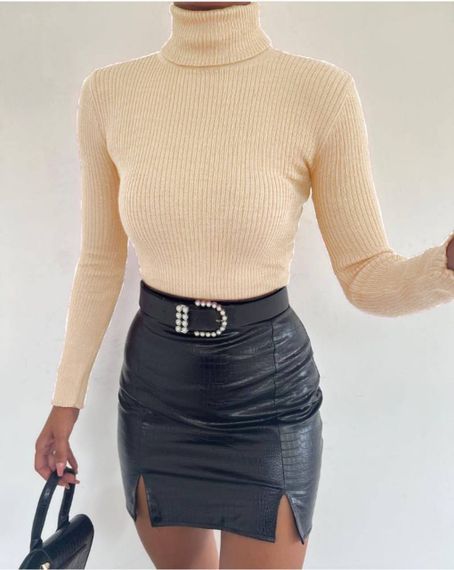 Женская водолазка-гольф в рубчик с высоким воротником SA409, размер 42/48, цвет бежевый