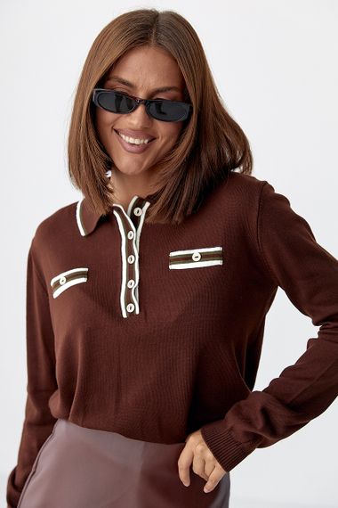 Кофта-поло з імітованими кишенями - коричневий цвет, ONE SIZE (є розміри) | Зображення 4