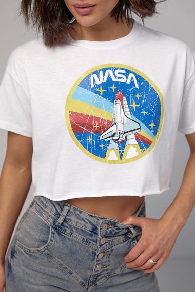 Укорочена жіноча футболка з принтом Nasa - білий цвет, L (є розміри) | Зображення 3