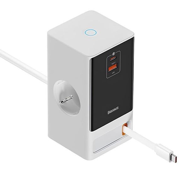 МЗП Baseus OS PowerCombo Digital PowerStrip+Retractable-C 65W (1USB-A/1C/2Socket) (1.5m) (PSLR000) Glacier White | Зображення 1