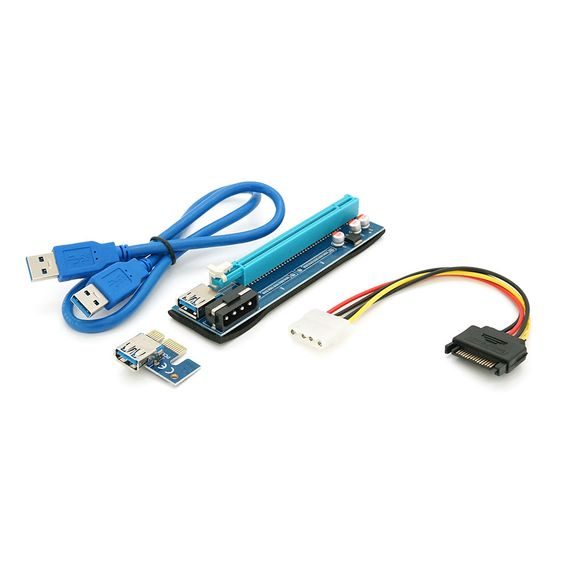 Riser PCI-EX, x1=>x16, 4-pin MOLEX, SATA=>4Pin, USB 3.0 AM-AM 0, 6 м (синій), конденсатори PS 100 16V, Пакет