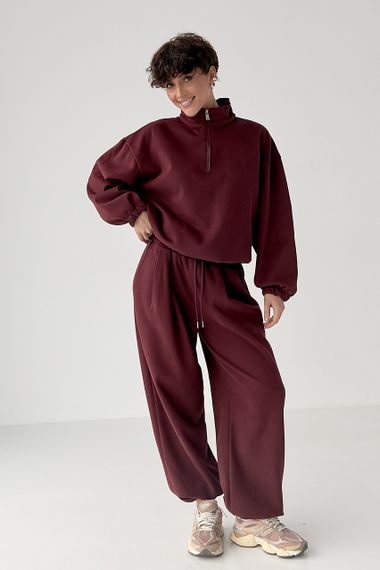 Зимовий однотонний спортивний костюм із затяжками - бордо цвет, M (є розміри)