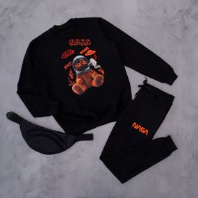 Мужской спортивный костюм худи + штаны с принтом Мишка Nasa OC1279 цвет черный размер XS