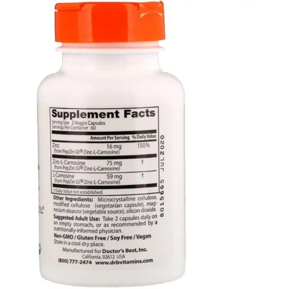 Комплекс для травлення Doctor's Best PepZin GI Zinc-L-Carnosine Complex 120 Veg Caps DRB-00136 | Зображення 1