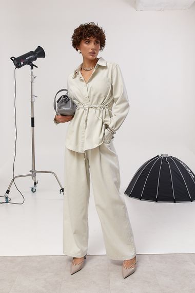 Котоновий вільний костюм із сорочкою на кнопках та прямими штанами - світло-сірий цвет, ONE SIZE (є розміри)