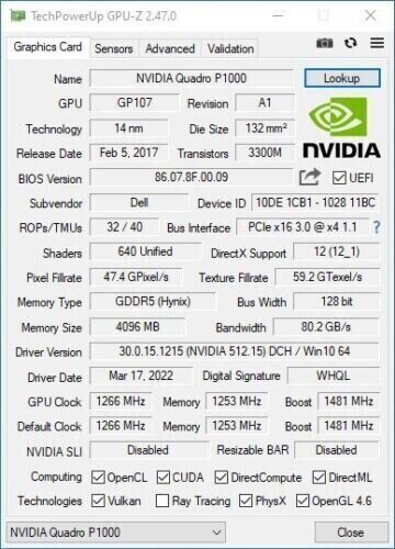 Дискретная видеокарта nVidia Quadro P1000, 4 GB GDDR5, 128-bit / miniDP / SFF б/у | Зображення 2