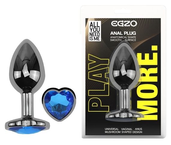 Анальна пробка EGZO Dark Silver Heart Plug S, металева, з синім кристалом Sex Aura