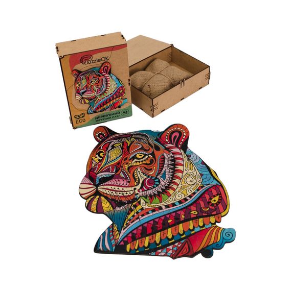 Фигурный деревянный пазл A3 "Загадочный тигр" PuzA3-03110, 129 деталей