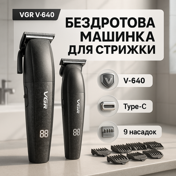 Машинка-триммер 3 в 1 для стрижки волос VGR V-640, Бездротовая машинка для стрижки волос ZP-93
