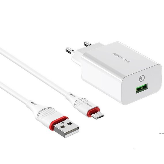 МЗП Borofone BA21A Long journey QC3.0 3A (1USB-A) + кабель USB to MicroUSB Білий