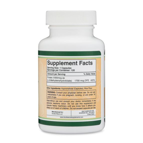 Метилфолат Double Wood Supplements Methylfolate 1000 mcg 5-MTHF (1700 DFE) 120 capsules | Зображення 1