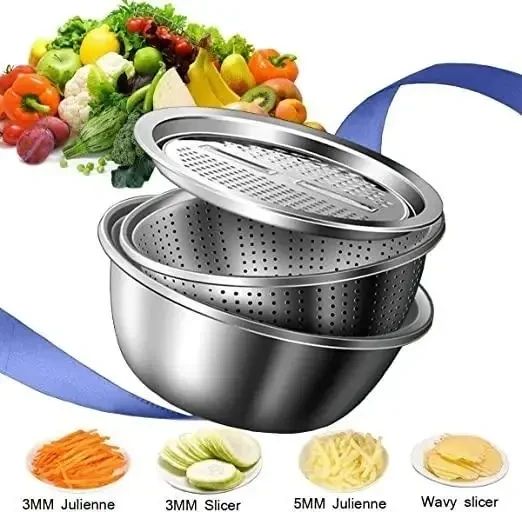 Многофункциональный кухонный набор из нержавеющей стали 3 в 1 Metal Basket Cutter Миска дуршлаг и терка | Зображення 2