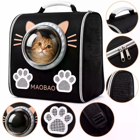 Рюкзак-переноска S-cat1 для котів 36×24×40 см чорний • Рюкзак для котів S-cat1 з прозорим вікном і вентиляцією 36×24×40 см
