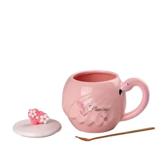 Чашка фарфоровая 500 мл Фламинго с крышкой и ложкой HPCY8276FM | Зображення 1
