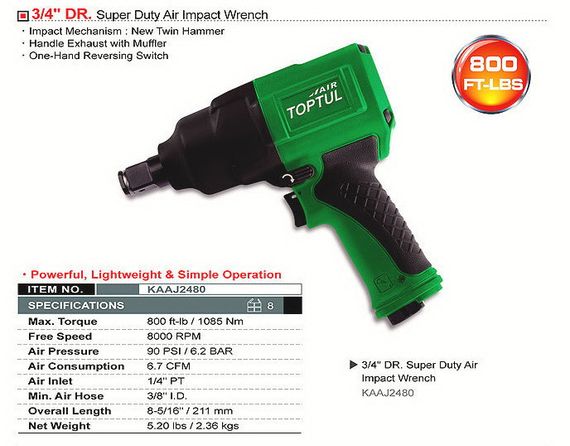 Гайковерт пневматичний TOPTUL 3/4" 1085N/m 8000об/хв KAAJ2480 | Зображення 1