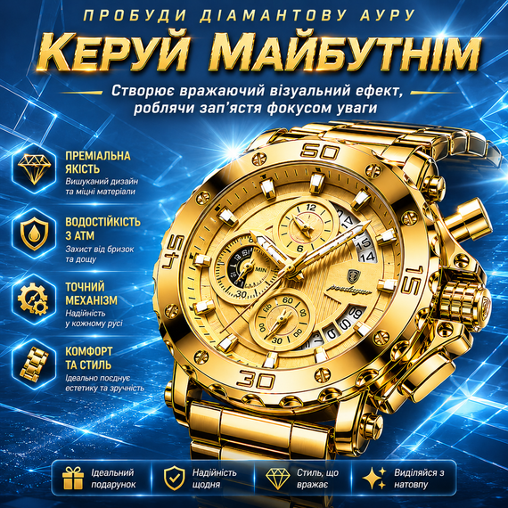 Мужские наручные часы Poedagar 892 Gold со светящимися в темноте стрелками золотистый металлический браслет | Зображення 3