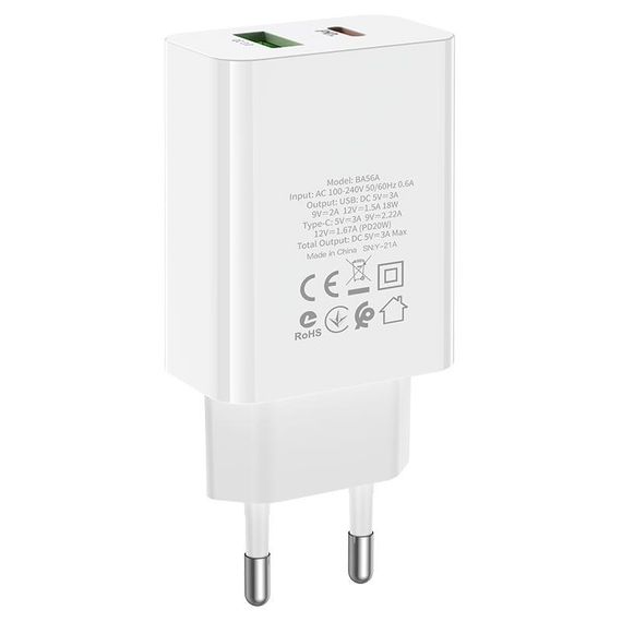 СЗУ BOROFONE BA56A, PD20W+Q3.0, 1xUSB-A+1xUSB-C, 20W, White, Box | Зображення 2