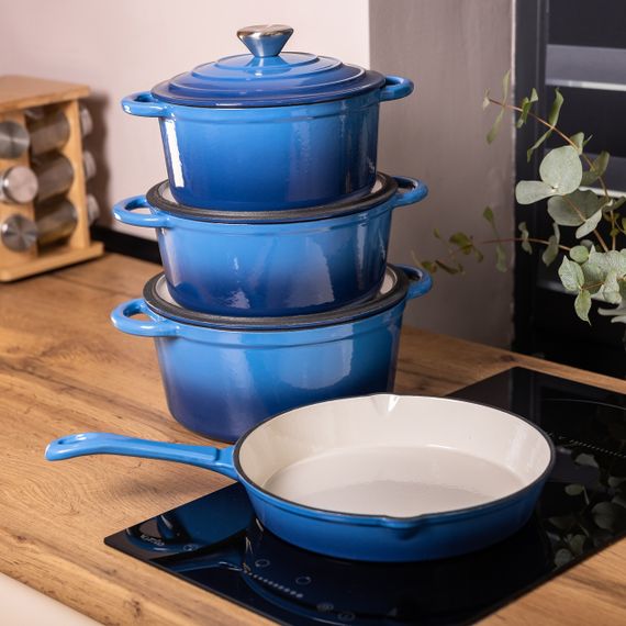 Набір чавунного посуду для приготування 3 каструлі та сковорода з емальованим покриттям Синій | Зображення 7