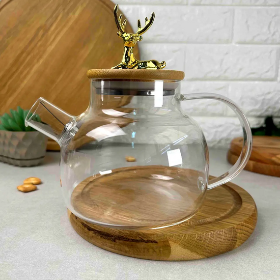 Стеклянный заварочный чайник Stag GK-5536 1 л с деревянной крышкой и декоративной фигуркой оленя Прозрачный | Зображення 3