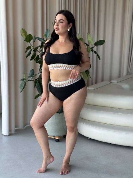 Роздільний чорний купальник PLUS SIZE з яскравою резинкою | Зображення 4