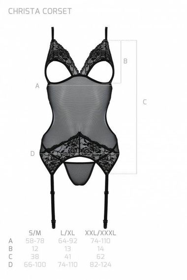 Корсет із підв’язками та ажурним ліфом Passion CHRISTA CORSET L/XL, black, стрінги в комплекті Sex Aura | Зображення 5
