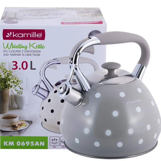 Чайник 3л нержавіюча сталь зі свистком з ручкою "soft-touch" (білий,беж,кавовий) 0695GR KAMILLE