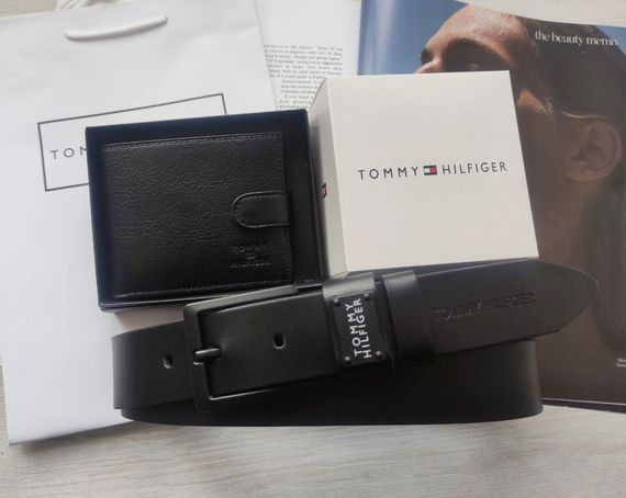 Чоловічий подарунковий набір TOMMY чорний шкіряний ремінь та гаманець