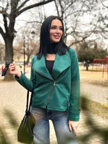 Женская замшевая куртка-косуха весенняя GF01221 цвет зеленый, размер 42/44