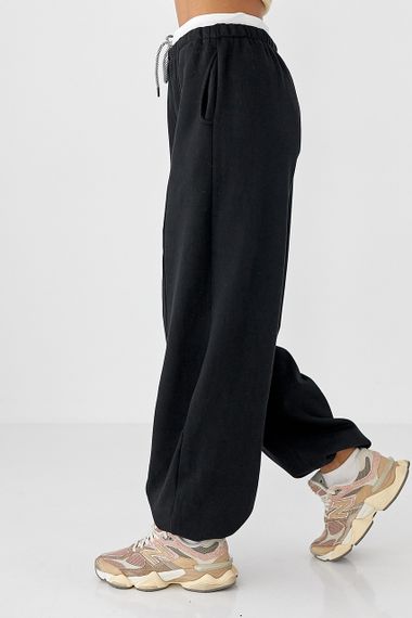 Теплі спортивні штани палаццо з подвійним поясом - чорний цвет, L (є розміри) | Зображення 4