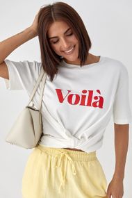 Однотонна футболка з написом Voila - молочний цвет, S (є розміри)