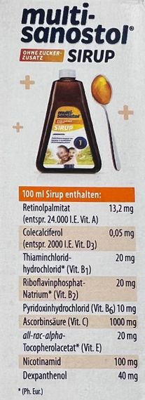 Мультивітамінний сироп Multi Sanostol 300 г — для дітей від 1 р. та дорослих, без цукру, з апельсиновим смаком, Німеччина | Зображення 1