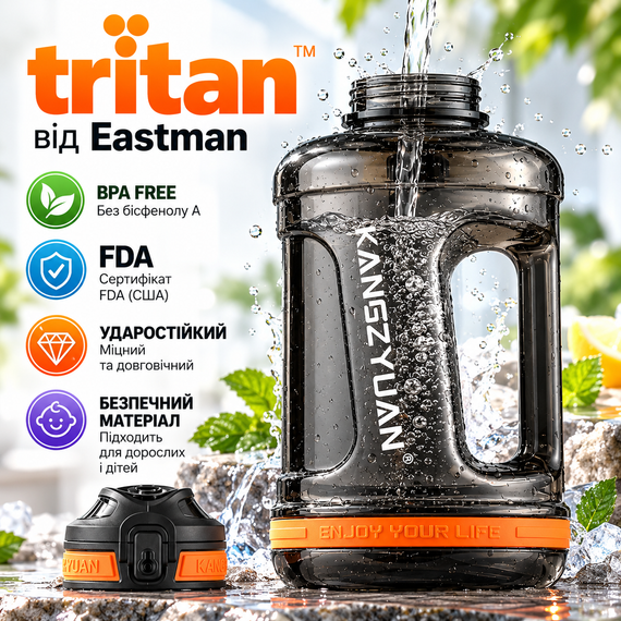 Бутылка для воды KANGZYUAN 2200 мл черная спортивная с Tritan BPA Free, ударопрочная, с ручкой и ремешком | Зображення 9