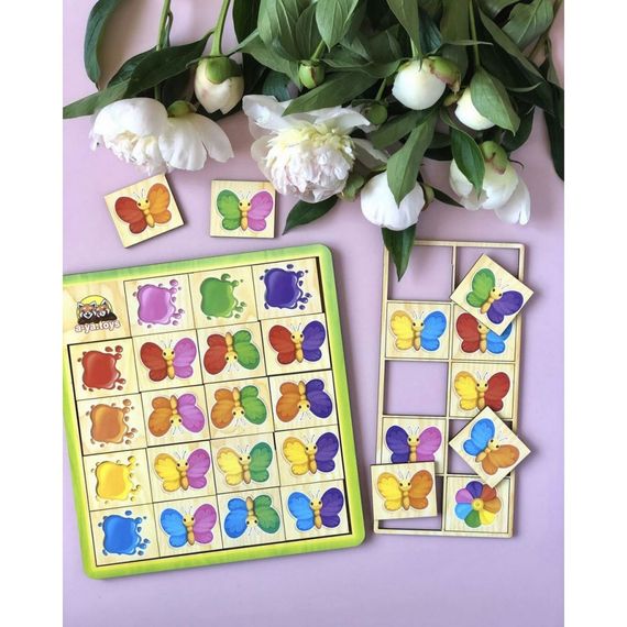 Деревянный пазл-сортер "Бабочки" Ubumblebees (ПСФ106) PSF106 изучение цветов | Зображення 1