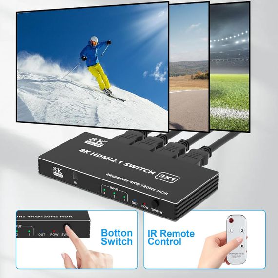 8K HDMI Switch 3 в 1 вихід, HDMI 2.1 Switch 3 порти з ІЧ-пультом дистанційного керування, HDMI Switcher Sele | Зображення 3