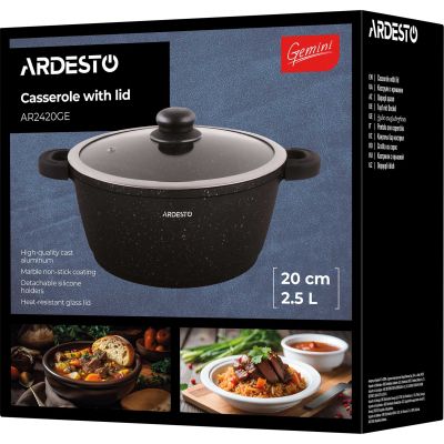 Кастрюля Ardesto Gemini Anzio скляна кришка 20 см 2,5 л чорна (AR2420GE) | Зображення 2